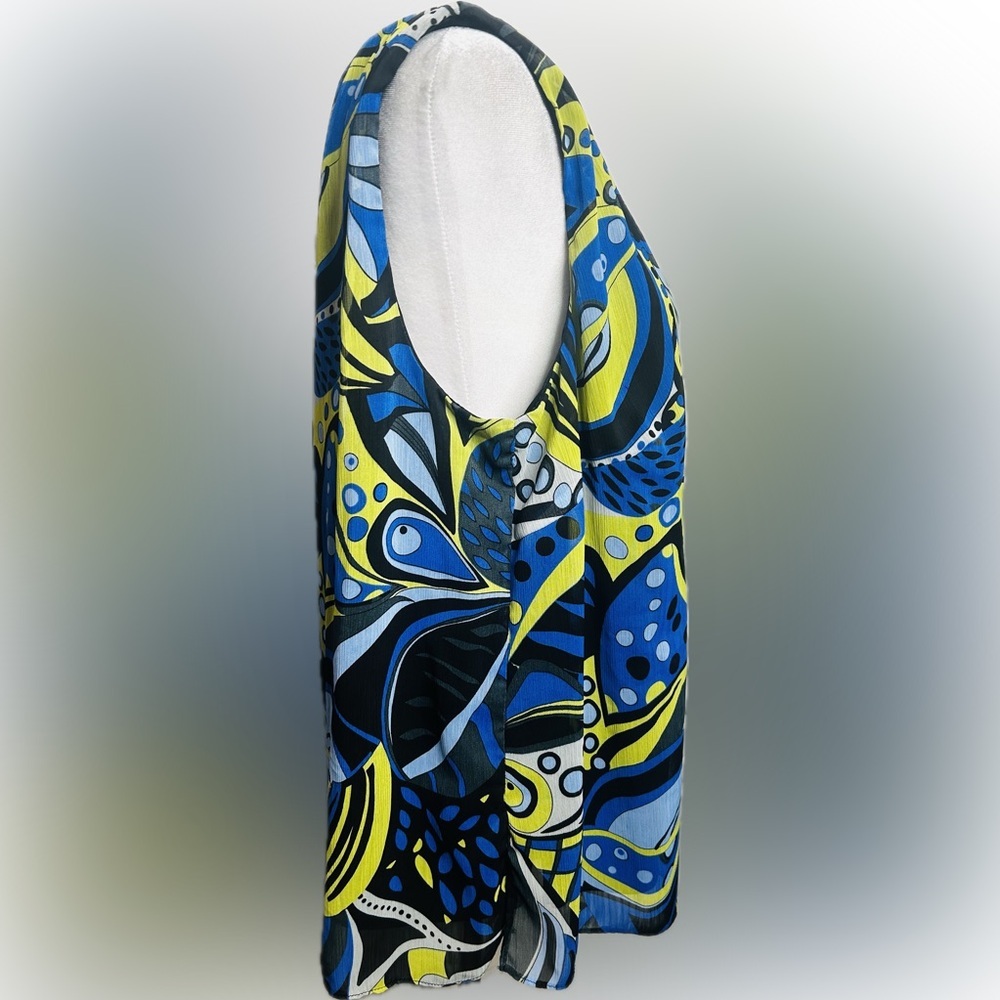 EUC Dana Kay SZ XL Blue/lime/black/gray sleeveless sheer print top/bust 46” - Picture 4 of 6